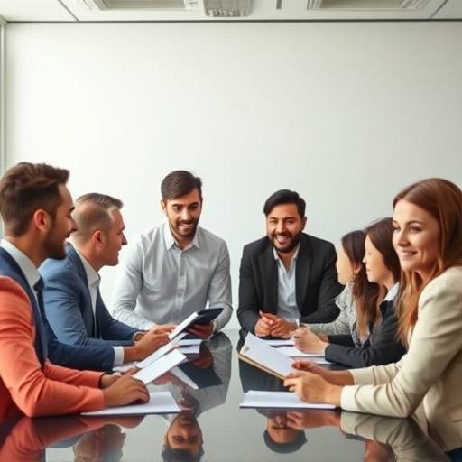 Un grupo diverso de profesionales reunidos en una sala de juntas, participando en una discusión y tomando notas con entusiasmo.